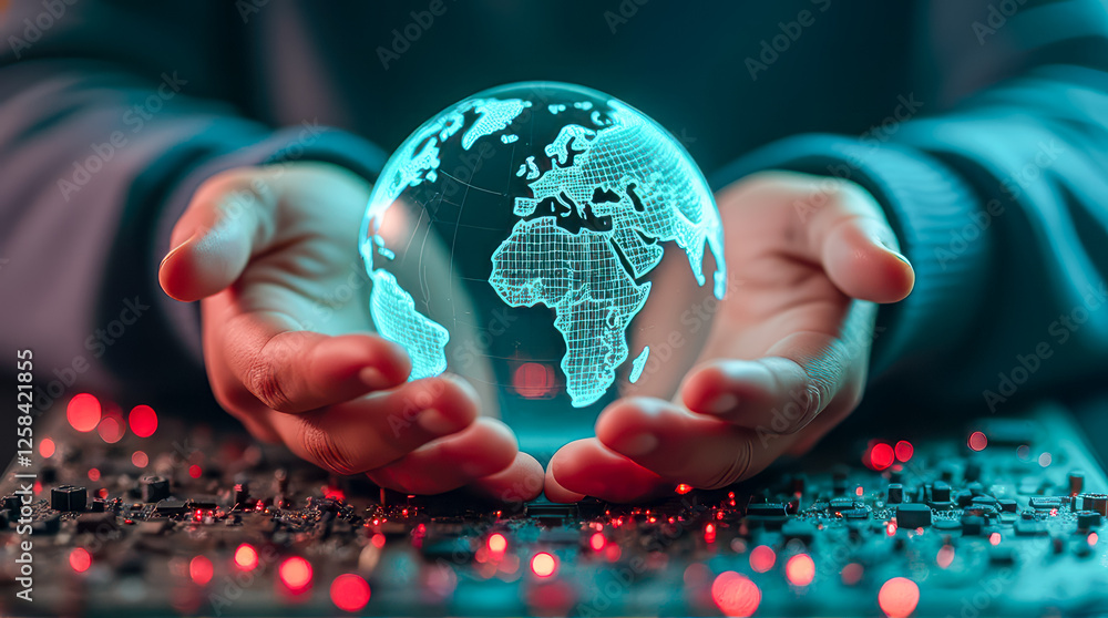 Poster hands holding a transparent globe with digital map projection on a circuit board background depictin