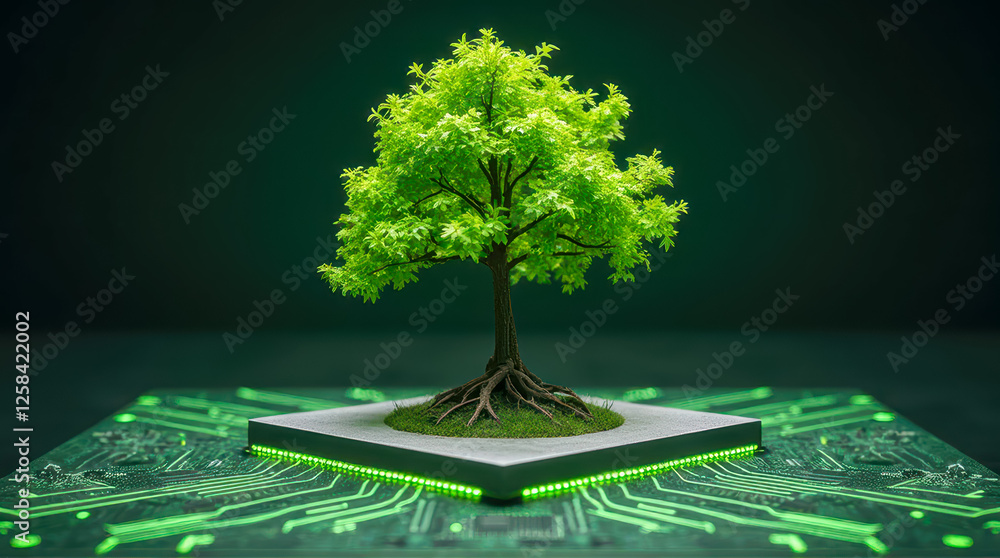 Aufkleber green tree on microchip with circuit board design emphasizing nature's integration with technology a