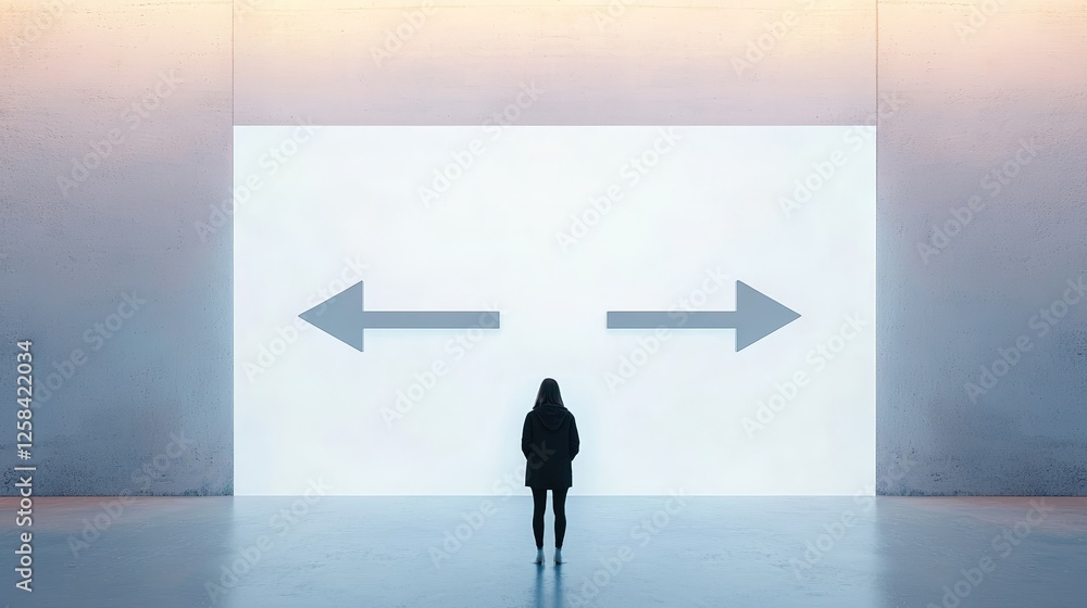 Poster young woman is standing in a modern gallery, contemplating two large arrows pointing in opposite dir