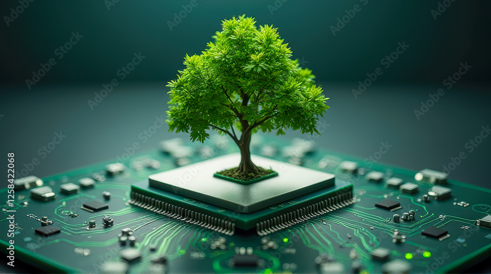 Poster tree growing on a circuit board symbolizing the fusion of nature and technology in sustainable innov