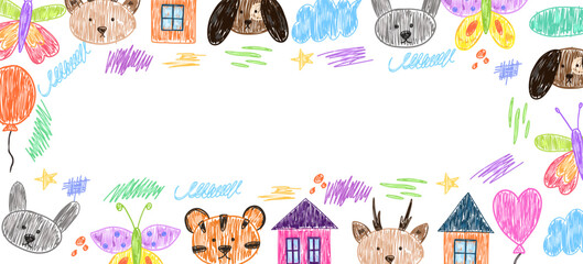Naklejka premium Cute childish frame with crayon drawn elements