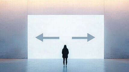Young woman is standing in a modern gallery, contemplating two large arrows pointing in opposite directions on a luminous wall, symbolizing a difficult choice or decision