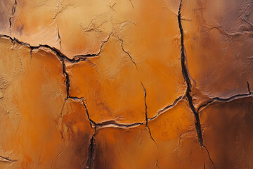 Fototapeta premium Textured burnt orange cracked desert clay, arid, sunbaked surface with deep fissures.