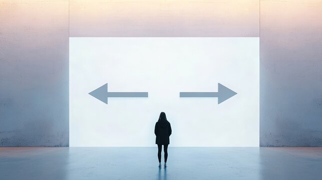 Young woman is standing in a modern gallery, contemplating two large arrows pointing in opposite directions on a luminous wall, symbolizing a difficult choice or decision
