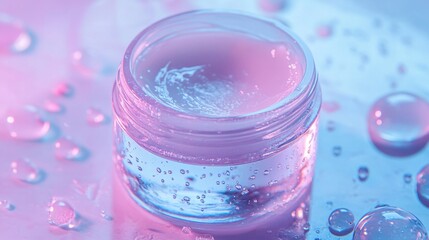 jar of face cream with water drops on a marble surface, white and pastel tones, generative ai