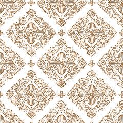 Elegant floral pattern in gold and cream, arranged in a diamond design.
