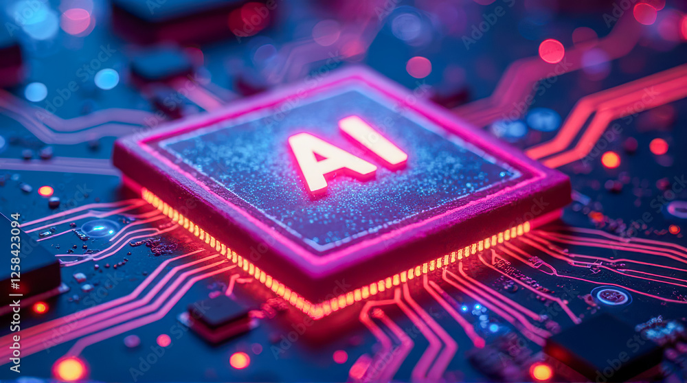 Poster vibrant red and blue ai processor on digital circuit board with glowing lights and connections to il