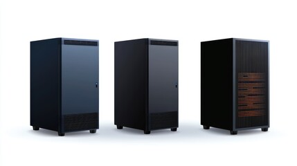Sleek black computer cases, various designs.