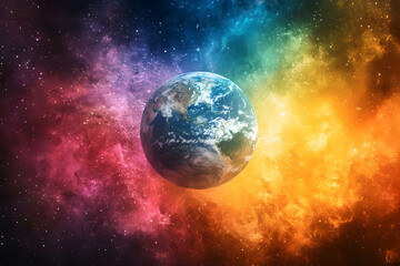 Obraz premium Cosmic Earth, A Vibrant Planet in a Rainbow Nebula, Shining Brightly Among the Stars and Dust.