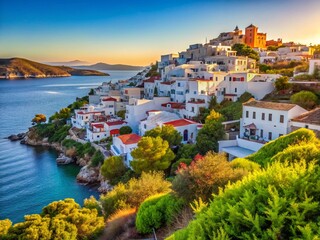 Naklejka premium Aegean Sea Coastal Cityscape: Island Views & Whitewashed Houses