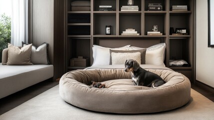 Elegant pet-friendly bedroom with a designer pet bed, hypoallergenic bedding, and hidden storage for pet toys and essentials