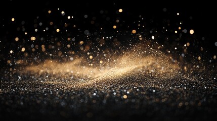 bokeh lights in a photo studio, gold and white tones on a dark black background, generative ai