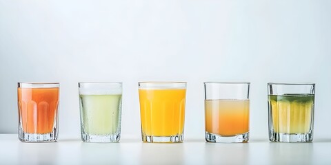 Rainbow of Juices: Five glasses of different colored juices, healthy and refreshing, modern and clean aesthetic.
