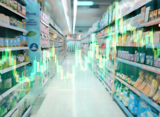 Fototapeta premium Financial Stock Market Graph Overlay on Blurred Supermarket Background