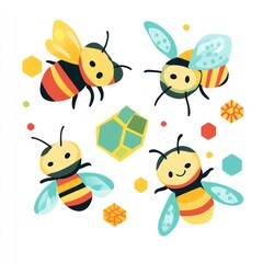 Cute cartoon bees with honeycomb, children's illustration, background elements, vector art, for educational or commercial use