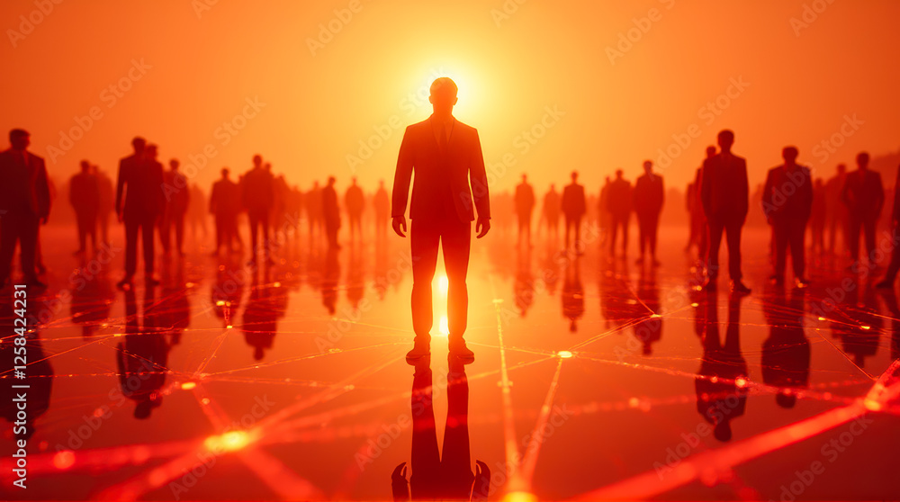 Poster silhouetted figures against a fiery sunset creating connection in a digital world representing unity