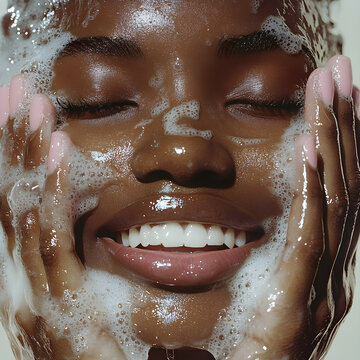Beautiful black woman washing face with soap and water