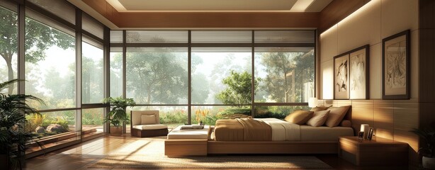 A serene, modern bedroom with large windows, showcasing a blend of natural light and greenery for a tranquil atmosphere.