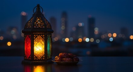 Multicolored Lantern with Dates - Dreamy Ramadan Night Scene, Free Space for Text