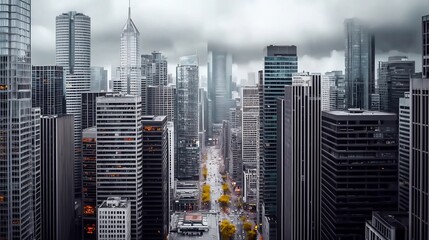 Fototapeta premium Aerial view of a city street in a dense urban area on an overcast day. Possible use Stock photo for architectural, urban, city, or business presentations