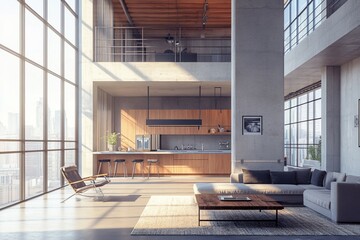 Modern loft apartment interior with open-plan kitchen, living area, and large windows offering city view.