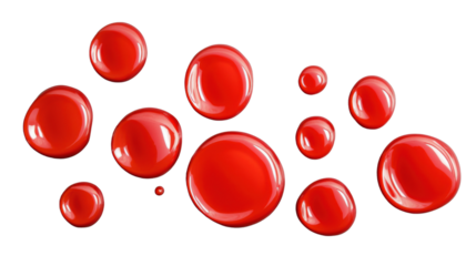 Red blood drops on transparent background forming an abstract pattern