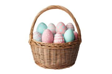 Decorative pastel eggs in a woven basket