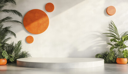 Abstract background with podium for product presentation, mockup design template with geometric shapes and pastel colors, white wall, gray floor, orange circles and plants.