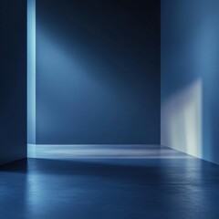 Minimalist blue-lit empty room with shadows.