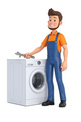 Repairman Fixing Washing Machine. 3D Cartoon Character, Isolated on Transparent Background, Cut Out.