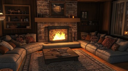 A living area with a comfy sectional sofa, patterned pillows, and a glowing fireplace centerpiece