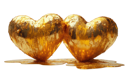 three gold hearts melted 3d render icon isolated on white background