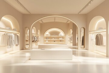 A minimalist clothing store interior with soft lighting, curved arches, and neatly arranged apparel displays, creating a serene shopping atmosphere.