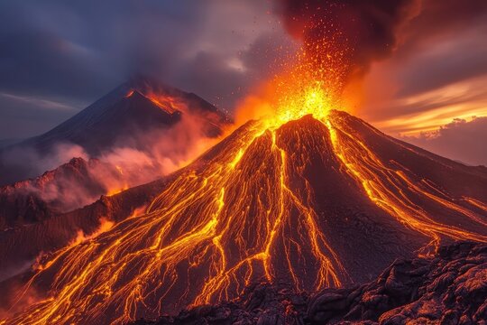 A detailed photograph of an erupting volcano, with lava