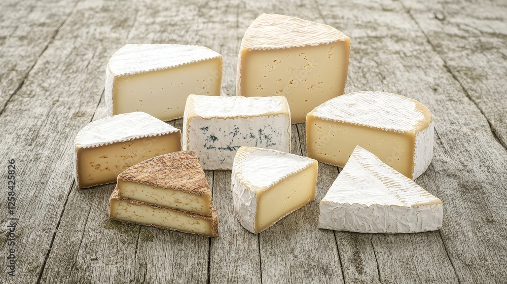 Poster closeup view of assorted cheeses on a wooden table with various textures and shapes