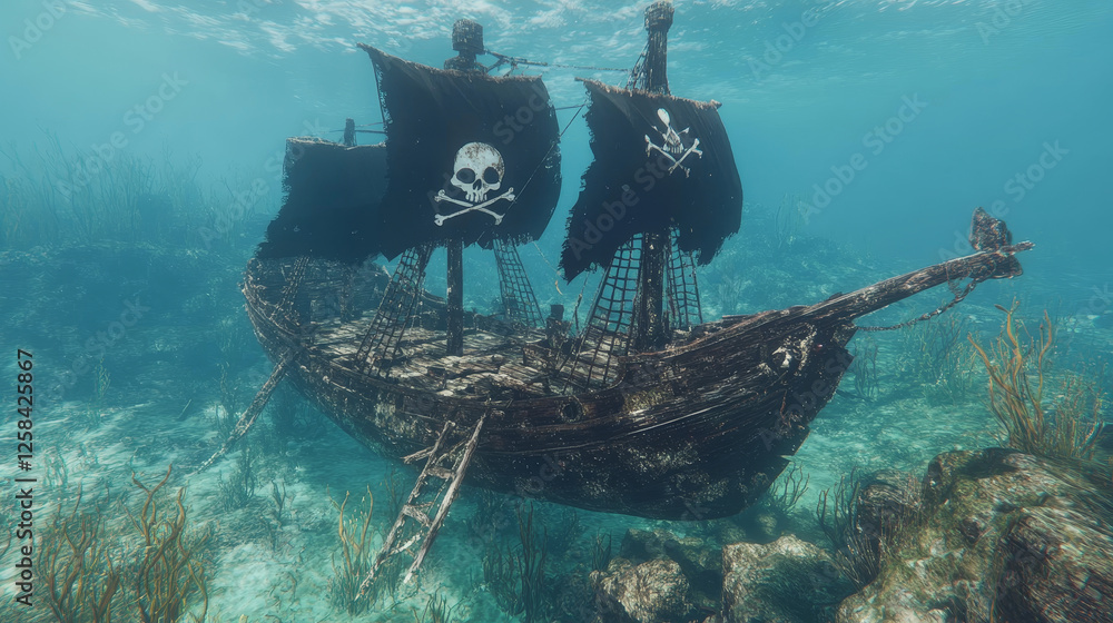 Aufkleber parallax background for game, sunken pirate ship with black sails and flag with skull and crossbones
