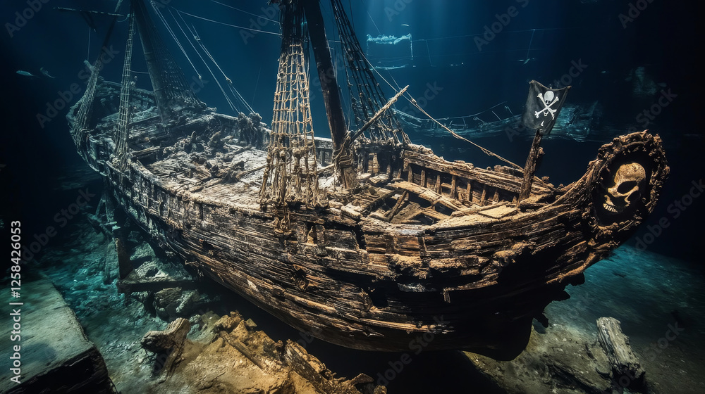 Poster parallax background for game, sunken pirate ship with black sails and flag with skull and crossbones