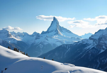Matterhorn Mountain Peak Covered in Snow with Blue Sky and Clouds