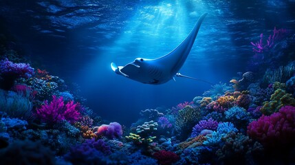 Fototapeta premium Majestic manta ray gracefully glides over vibrant coral reef in sunlit ocean depths.