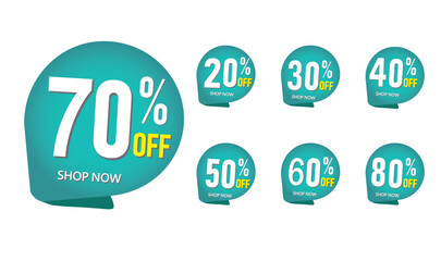 Discount percent sales sticker price tag upto 20,30,40,50,60,70,80 percent off . price sales sticker isolated on white background.