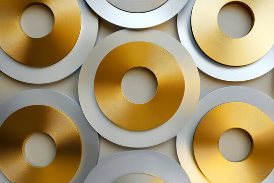 Overlapping circular patterns in metallic gold and silver, arranged in a modern, futuristic geometric layout.