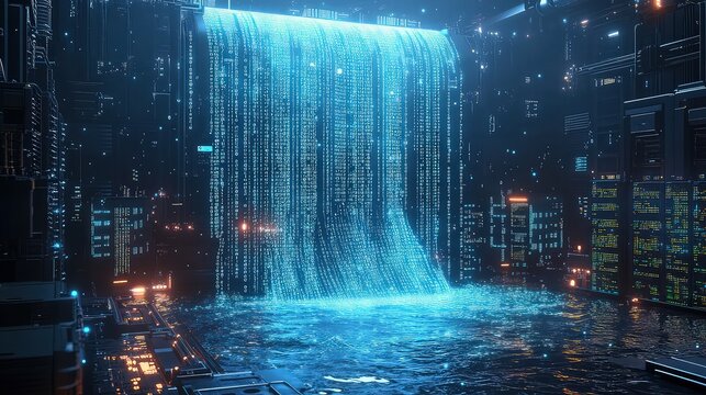 A massive digital waterfall made of glowing binary code, cascading into a vast data lake surrounded by data servers and analytical tools processing the incoming data flow - Powered by Adobe