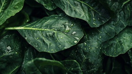 Close-up of fresh spinach leaves with water droplets.