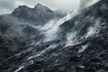 Fototapeta premium A dramatic landscape showcases a mountain range ravaged by fire with lingering smoke, rising from the charred terrain under a moody and overcast sky backdrop.