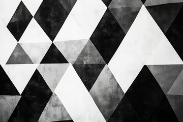 Overlapping triangle patterns in shades of black, white, and gray, forming a modern, minimalist abstract design.