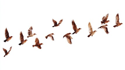 Birds in Flight: A Flock of Sparrow Against White Background Illustrating Freedom