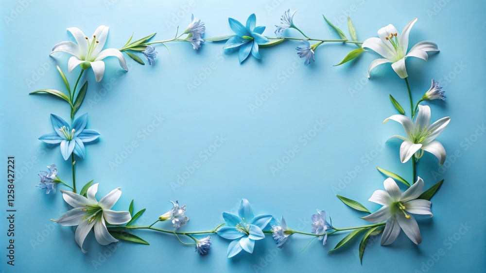 Poster serene floral arrangement with white lilies and light blue blossoms forming a rectangular frame on a
