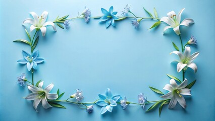 Obraz premium Serene floral arrangement with white lilies and light blue blossoms forming a rectangular frame on a pale blue background