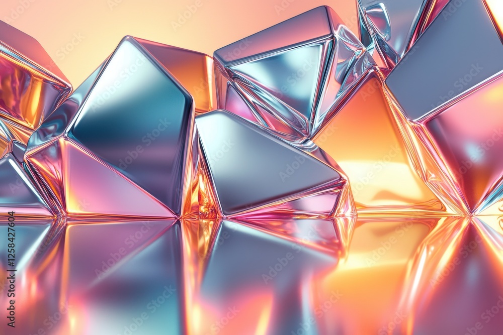 Poster abstract iridescent geometric shapes arranged dynamically, creating a visually stunning modern backg
