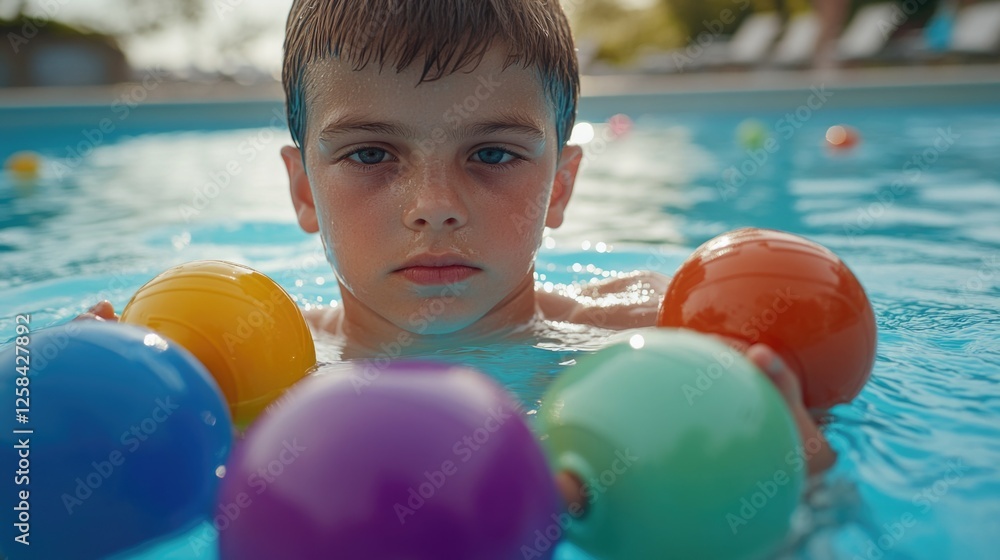 Poster A child having fun in a pool with a collection of balls